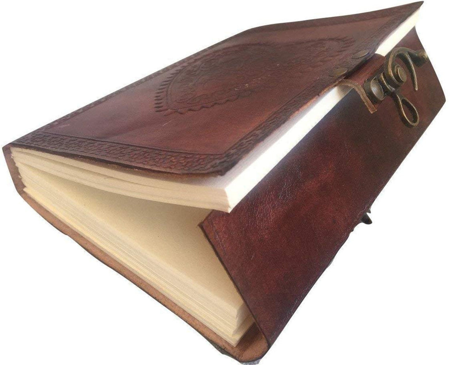 Heart Design Large Vintage Embossed Leather Journal- Coptic Bound with Lock Closure 8Hx6W Inch (2 pcs)