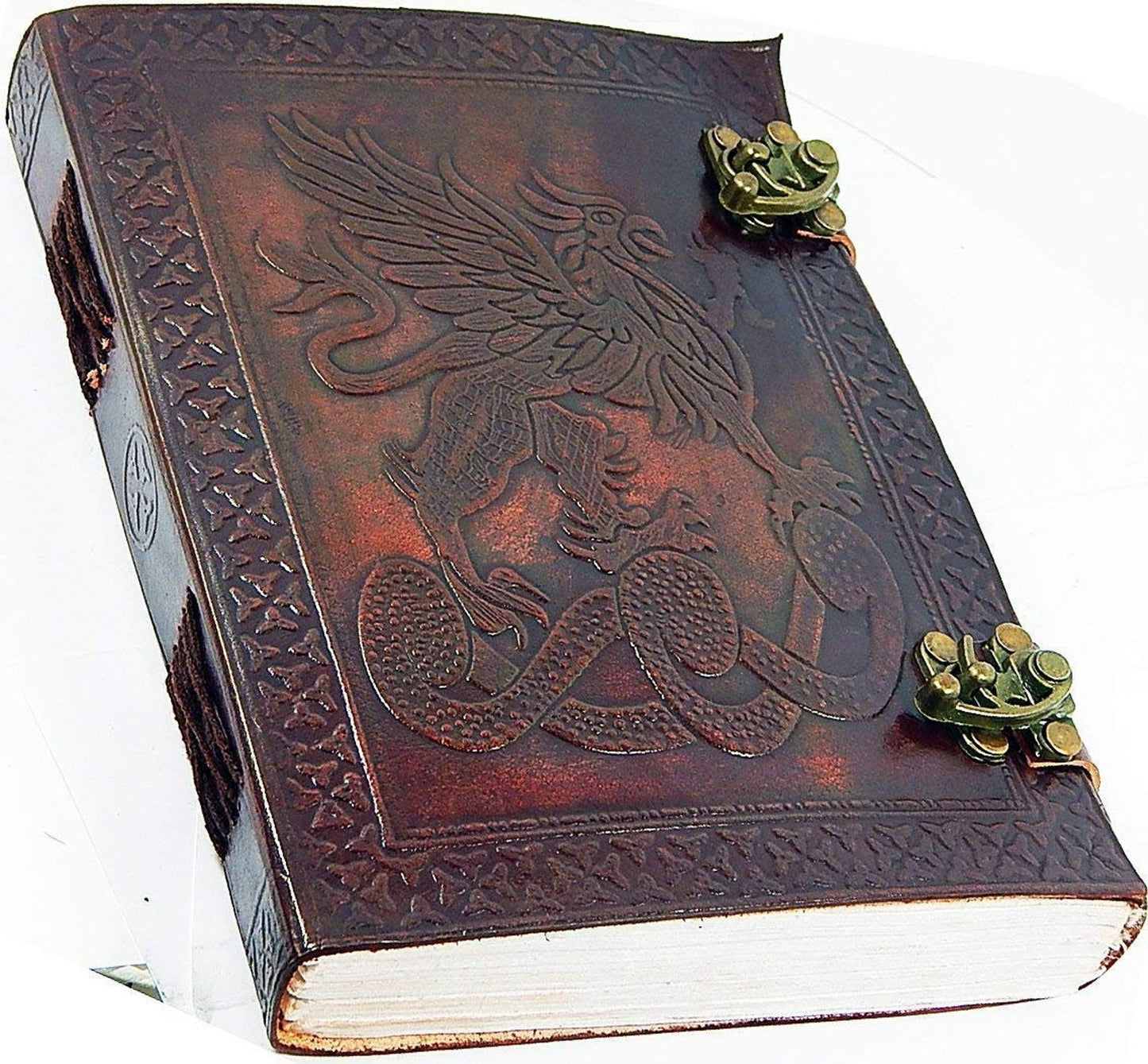 Large Vintage Heart Embossed Leather Journal- Coptic Bound with Lock Closure (Dragon Design) 2 pcs