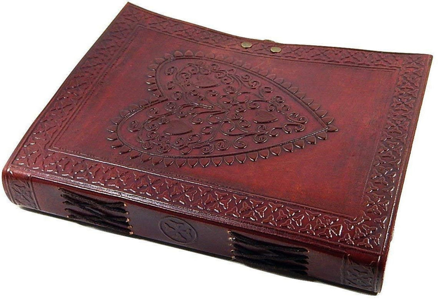 Heart Design Large Vintage Heart Embossed Leather Journal- Coptic Bound with Lock Closure ( 8Hx6W Inches)