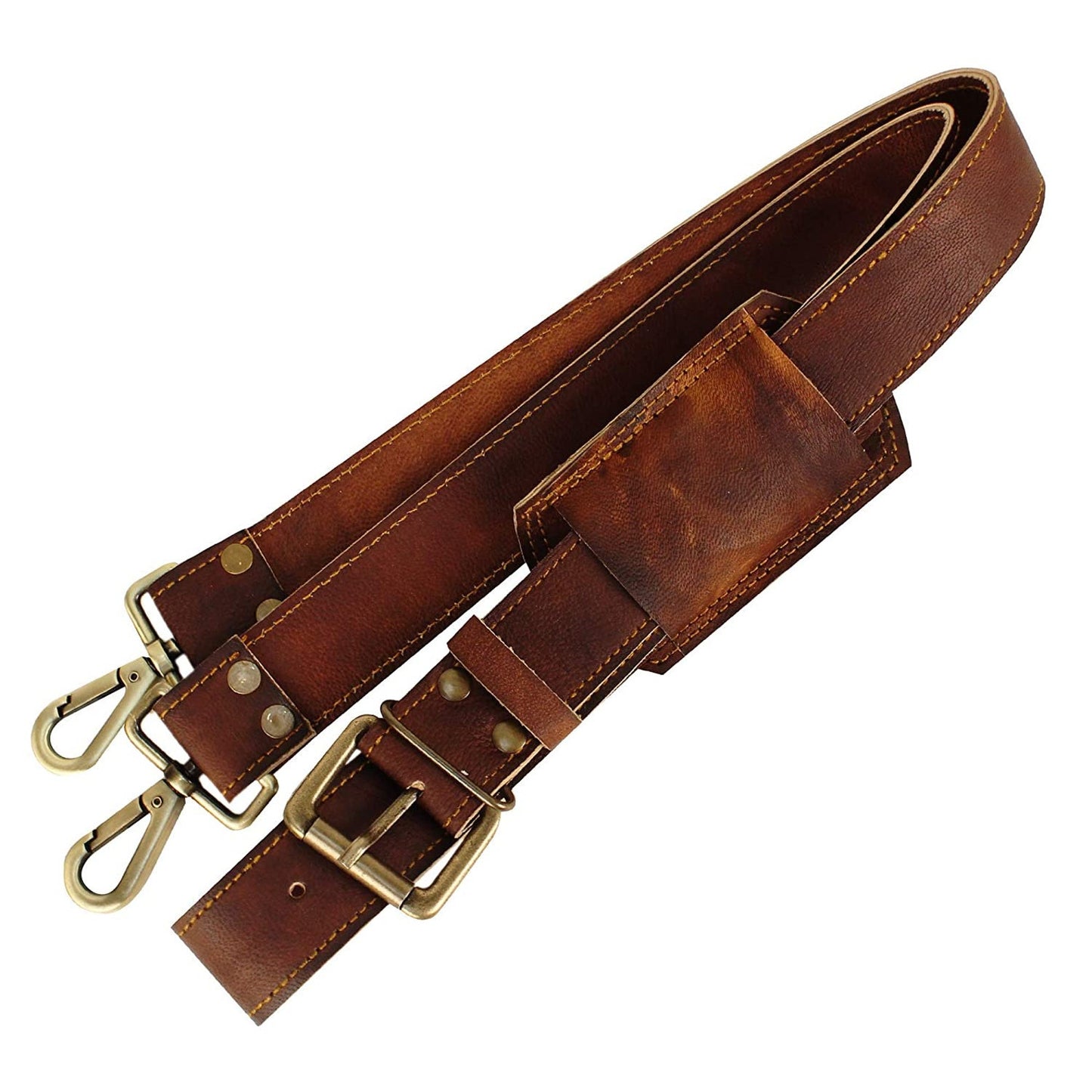 Leather Adjustable Replacement Shoulder Strap with Padded Brass Metal Swivel Hooks for Messenger, Laptop, Duffle Bags