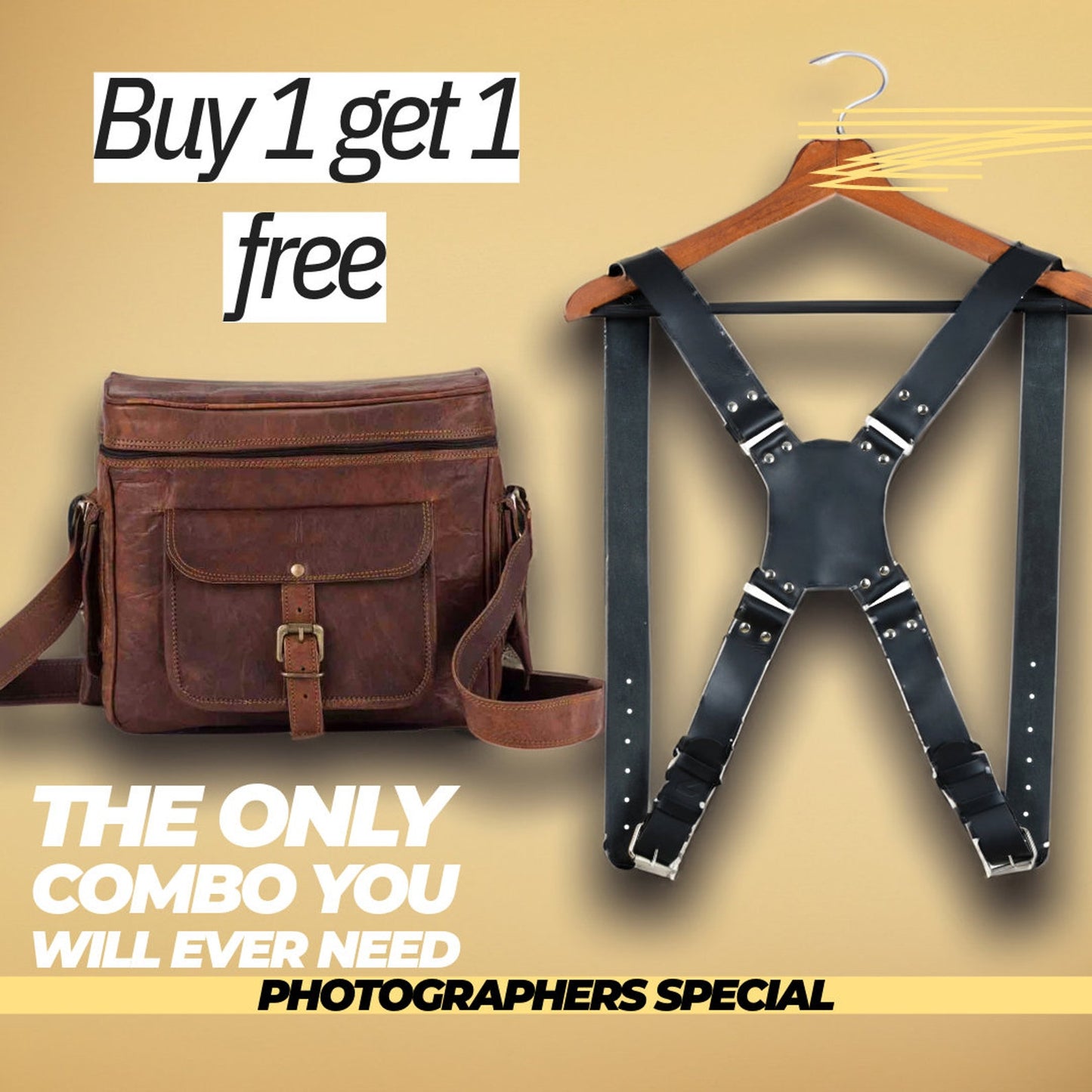 Leather camera bag and dual camera harness, gift for photographers, leather camera bag for DSLR & mirrorless camera, leather camera strap