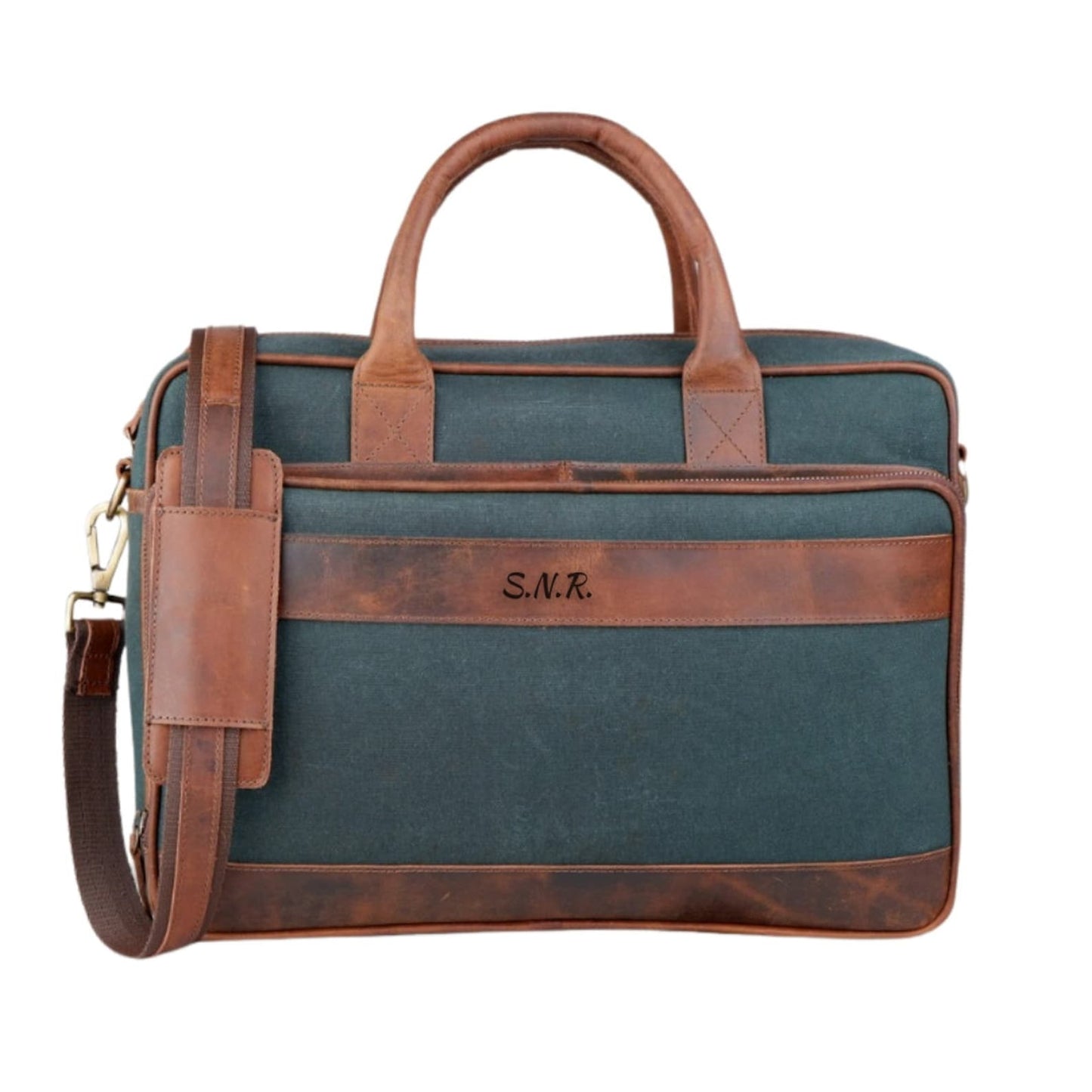 Premium Canvas Leather Briefcase, Canvas Laptop Shoulder Bag, Green Canvas Cross body Briefcase, Valentine's Day Gift For Him & Her