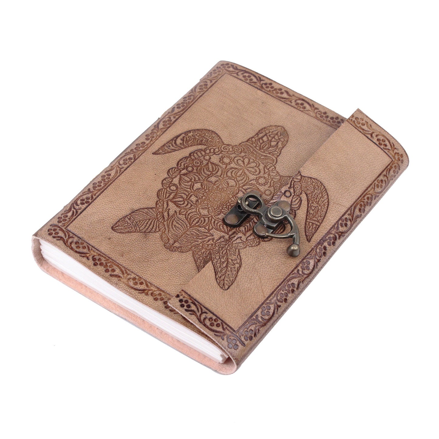 Turtle Design Vintage Embossed Leather Journal- Coptic Bound with Lock Closure 8Hx6W Inch (2 pcs)