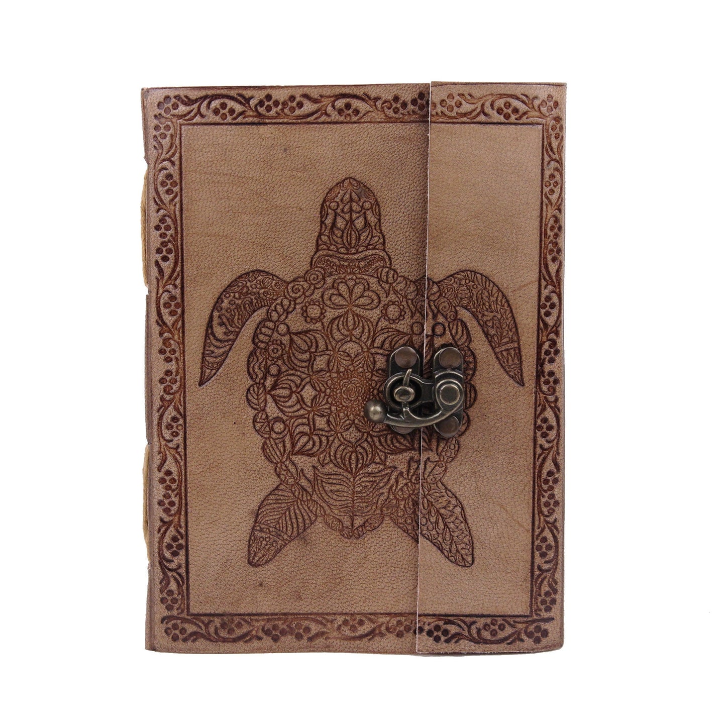 Turtle Design Vintage Embossed Leather Journal- Coptic Bound with Lock Closure 8Hx6W Inch (2 pcs)