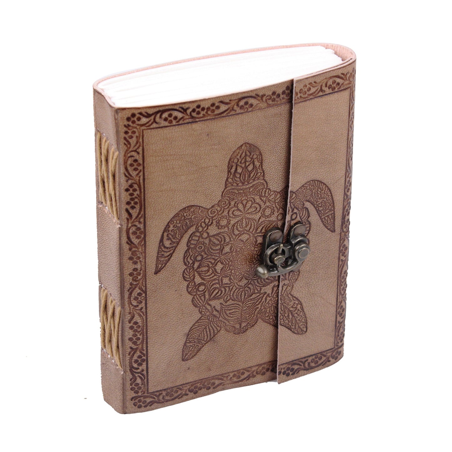 Turtle Design Vintage Embossed Leather Journal- Coptic Bound with Lock Closure 8Hx6W Inch (2 pcs)