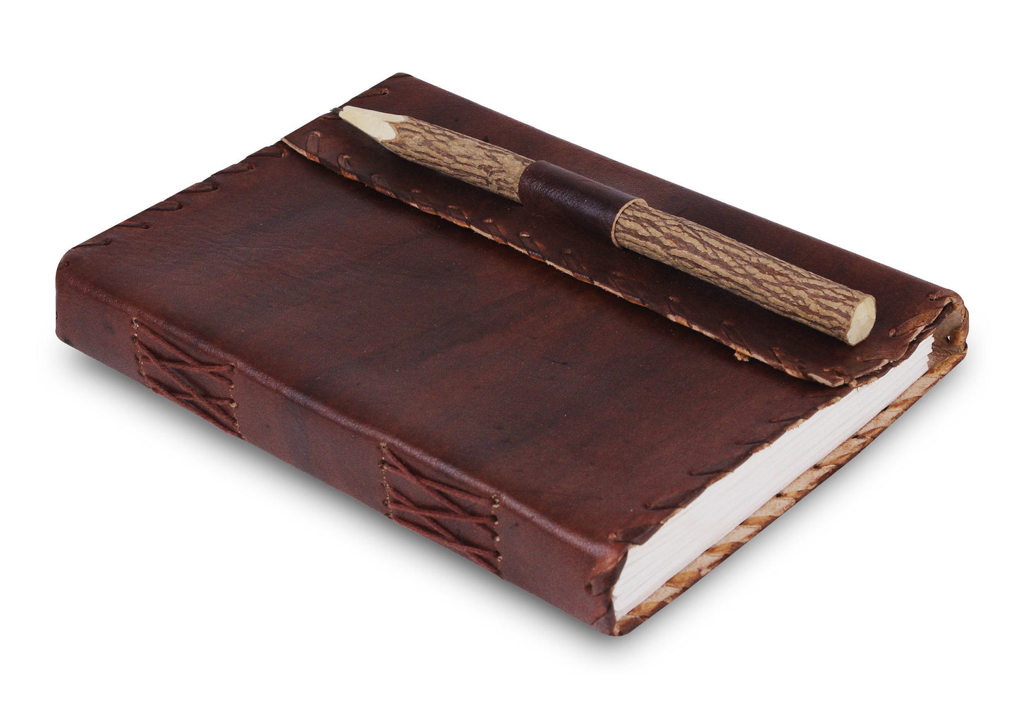 Personalized Vintage Genuine Leather Journal With Pen - With Leather Stitched Edges
