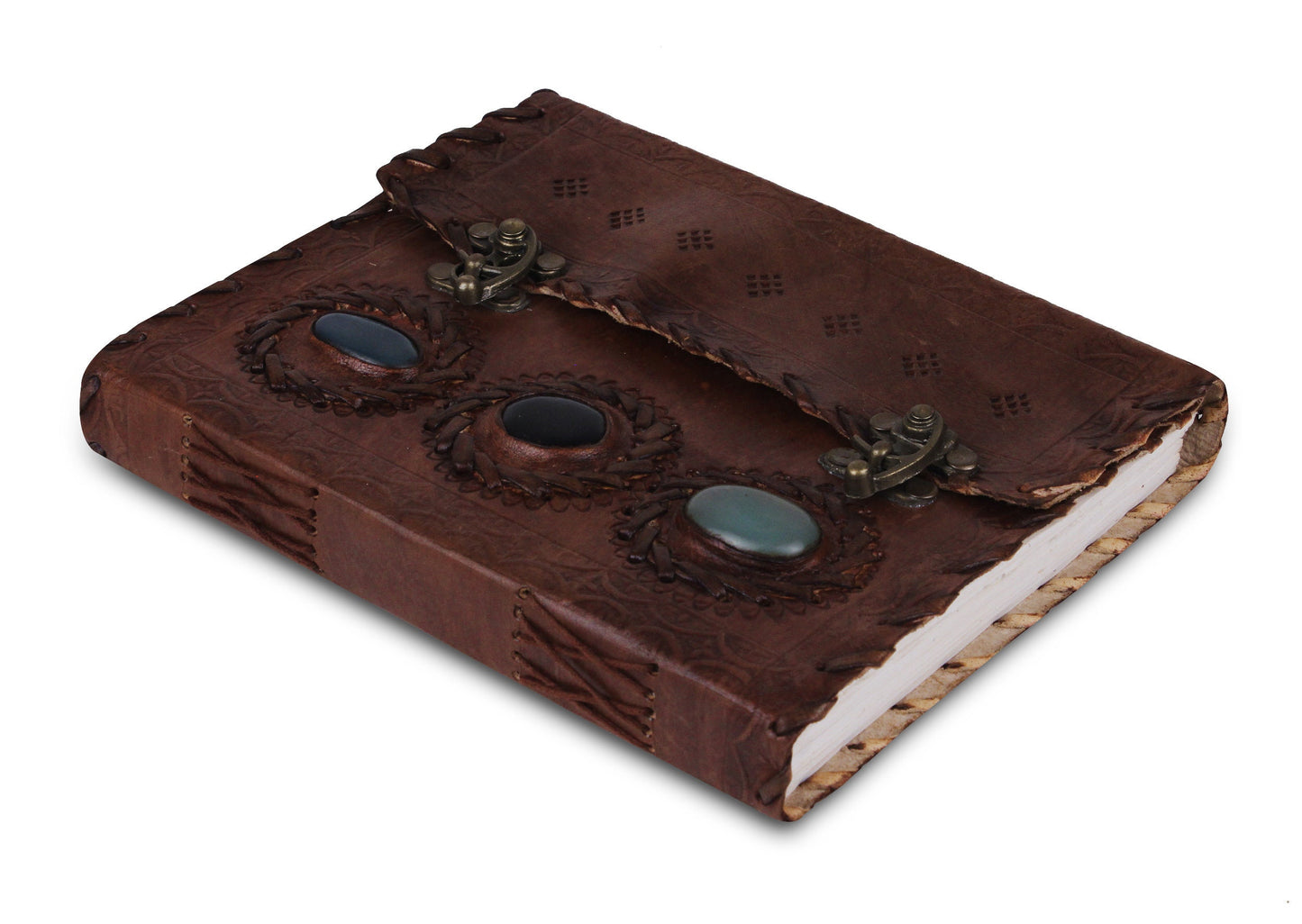 Buy Large 3 Gem Stones Embossed Leather Journal Coptic Bound With Lock Closure