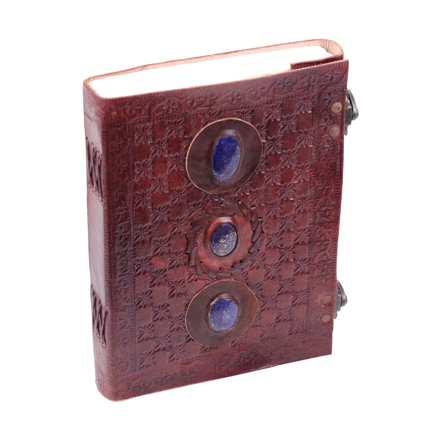 Large 3 Blue Stones Embossed Leather Diary - Coptic Bound with Lock Closure (Pack of 2)
