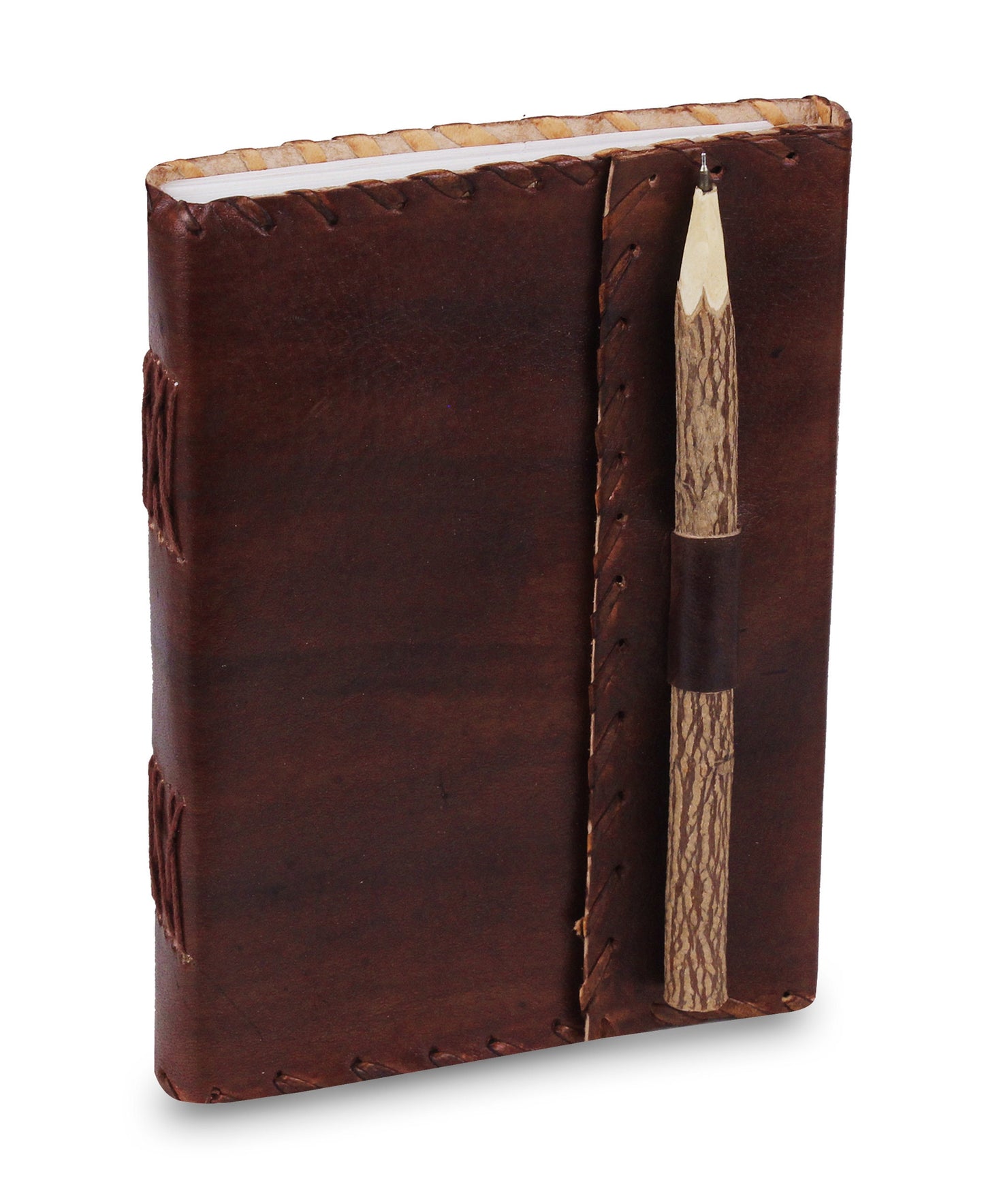 Personalized Vintage Genuine Leather Journal With Pen - With Leather Stitched Edges