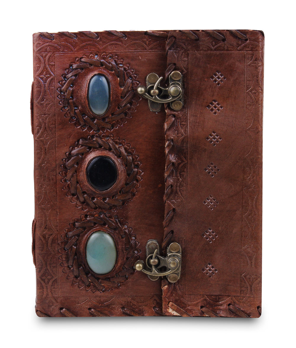 Large 3 Gem Stones Embossed Leather Journal – Coptic Bound, Lock