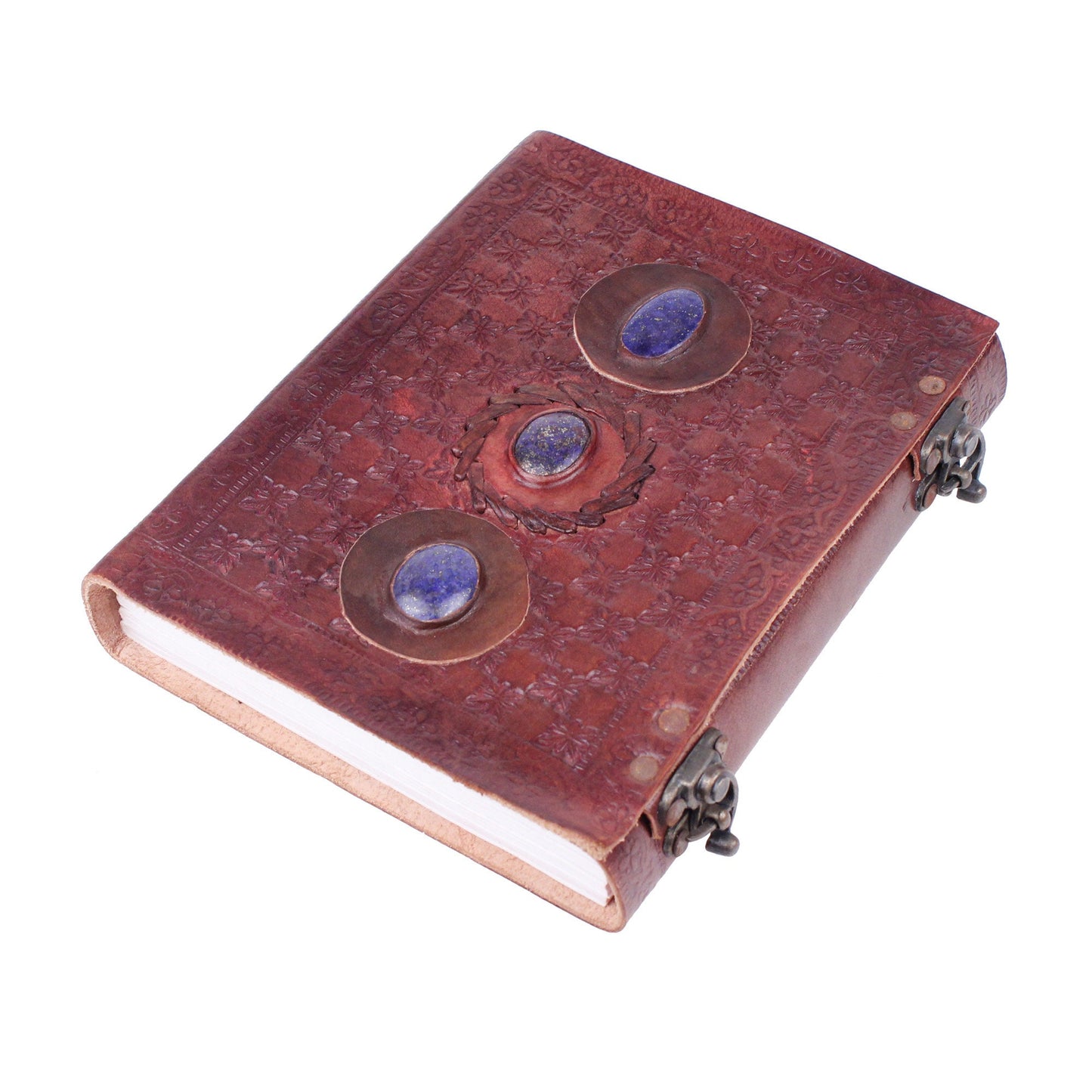 Large 3 Blue Stones Embossed Leather Diary - Coptic Bound with Lock Closure (Pack of 2)