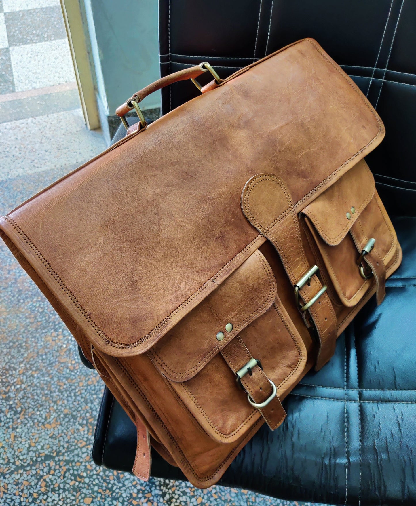 Large Leather Laptop Messenger Briefcase Crossbody Bag, Valentine's Day Gift, Handmade Leather Bag, Leather Satchel bag 18 Inch