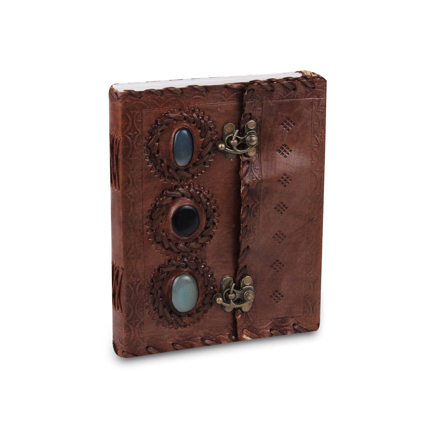 Buy Large 3 Gem Stones Embossed Leather Journal Coptic Bound With Lock Closure