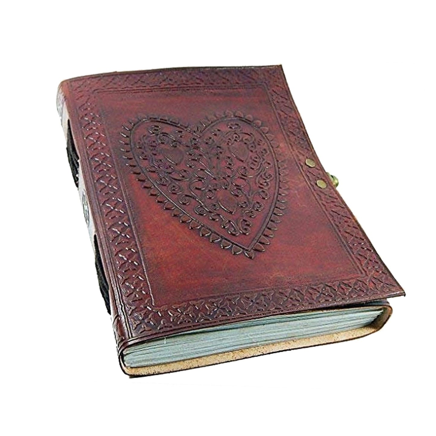 Heart Design Large Vintage Embossed Leather Journal- Coptic Bound with Lock Closure 8Hx6W Inch (2 pcs)