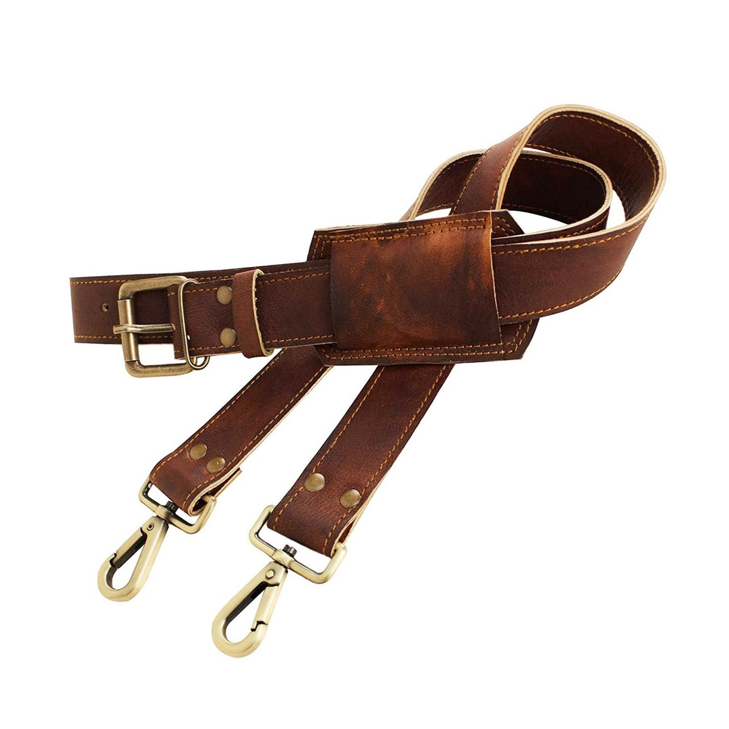 Leather Adjustable Replacement Shoulder Strap with Padded Brass Metal Swivel Hooks for Messenger, Laptop, Duffle Bags