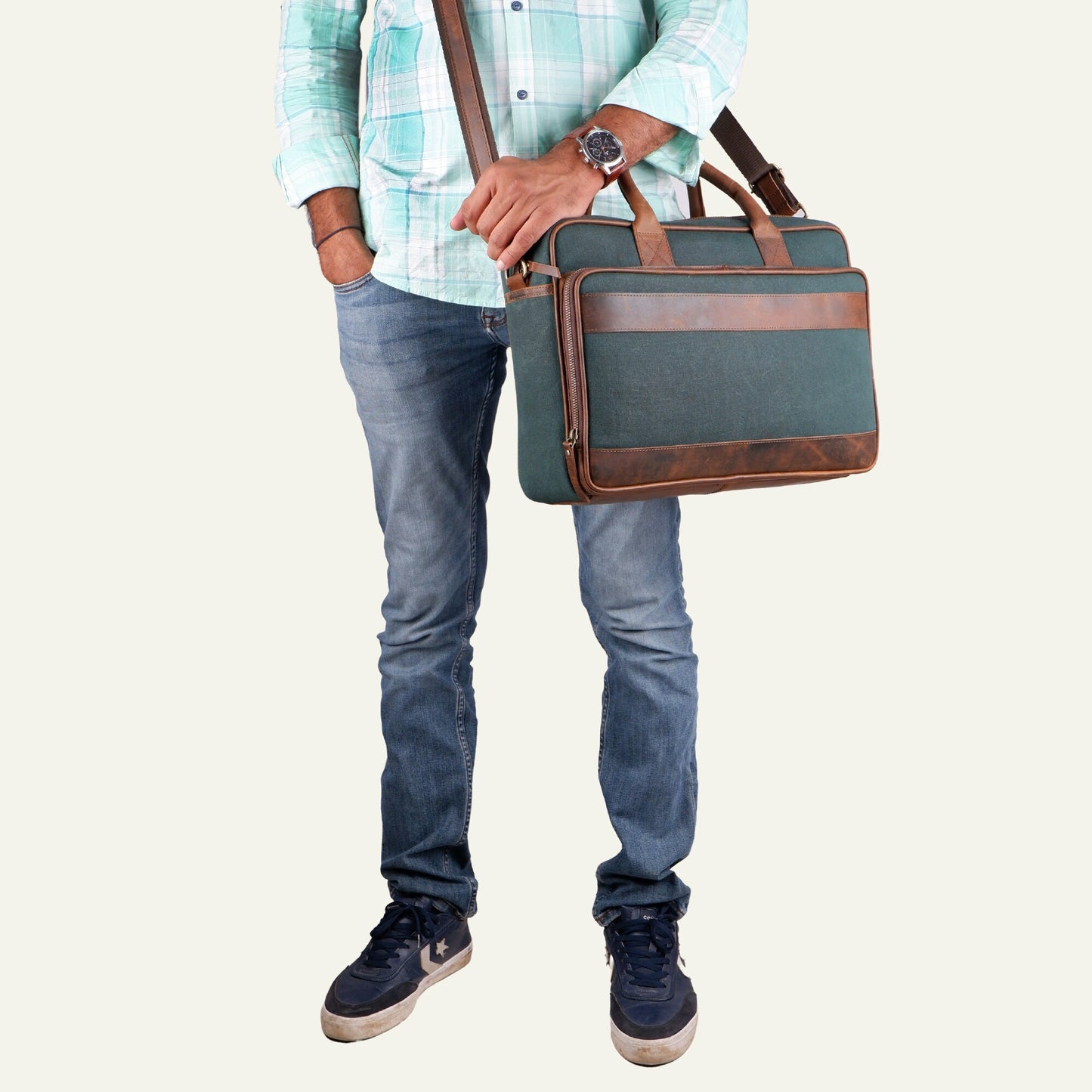 Premium Canvas Leather Briefcase, Canvas Laptop Shoulder Bag, Green Canvas Cross body Briefcase, Valentine's Day Gift For Him & Her