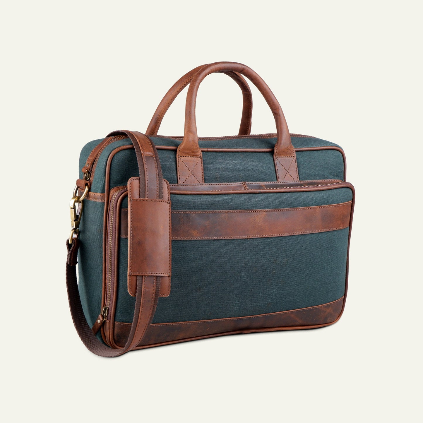 Premium Canvas Leather Briefcase, Canvas Laptop Shoulder Bag, Green Canvas Cross body Briefcase, Valentine's Day Gift For Him & Her