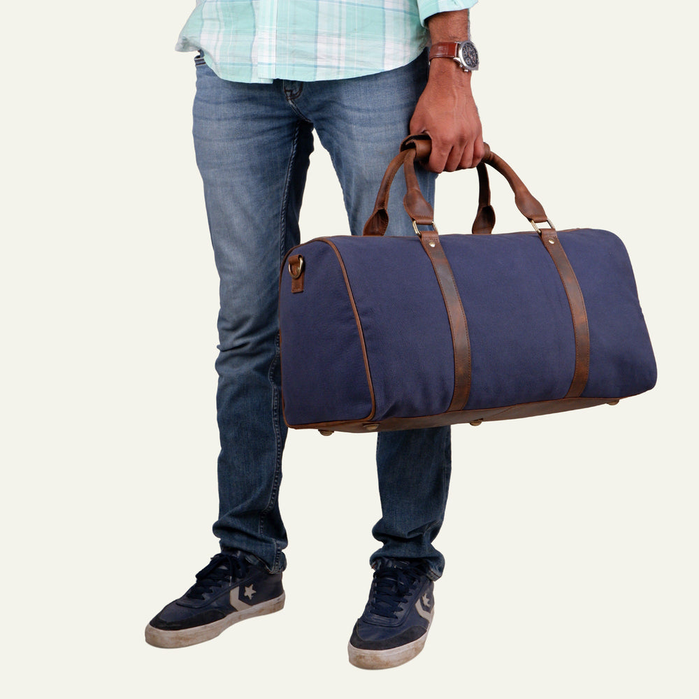 Blue Canvas & Leather Travel Duffel Bag