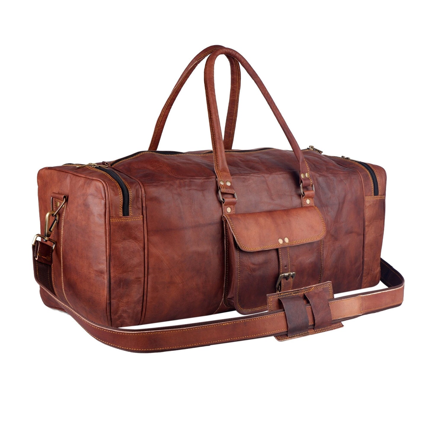 Men's Goat Leather Duffel Bag, Large Weekender Bag, Tan Brown Travel Bag For Men or women, Real Leather Luggage Bag, handmade gift, handmade