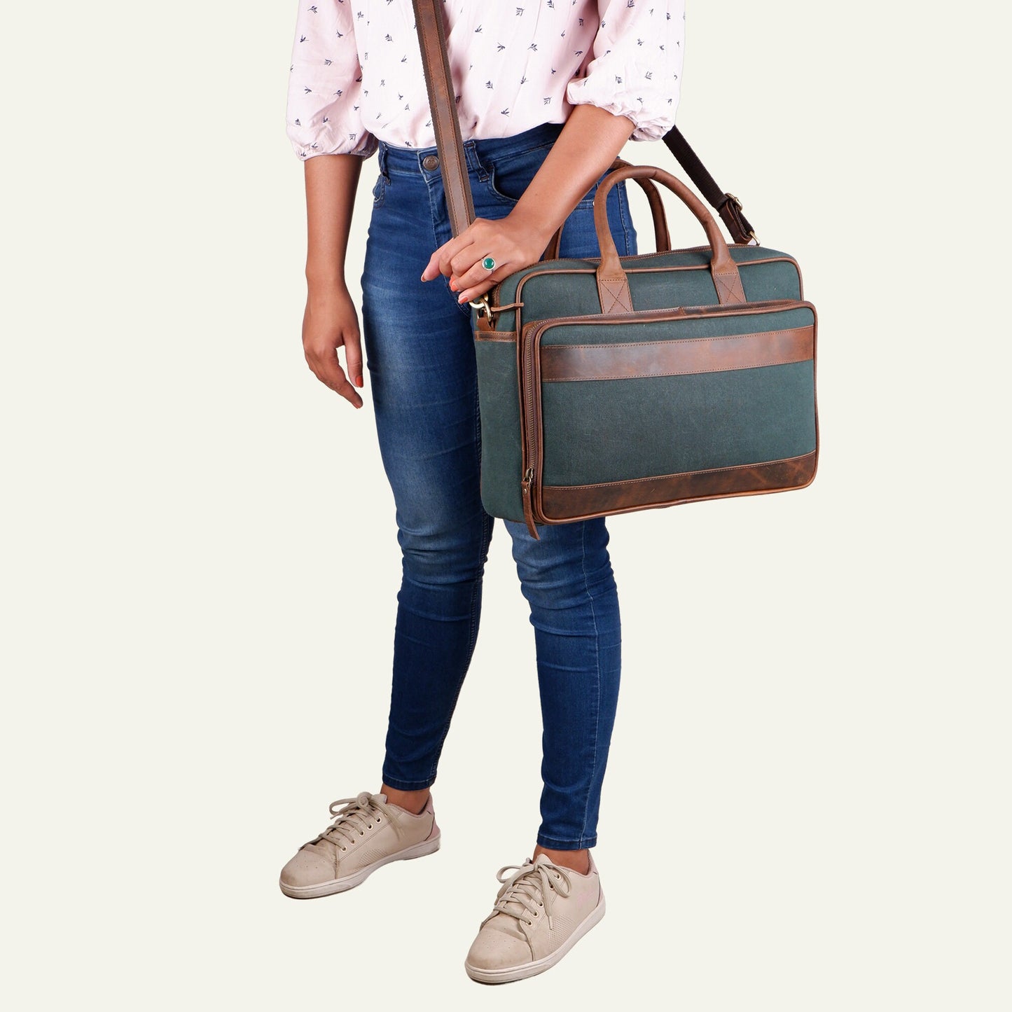 Premium Canvas Leather Briefcase, Canvas Laptop Shoulder Bag, Green Canvas Cross body Briefcase, Valentine's Day Gift For Him & Her