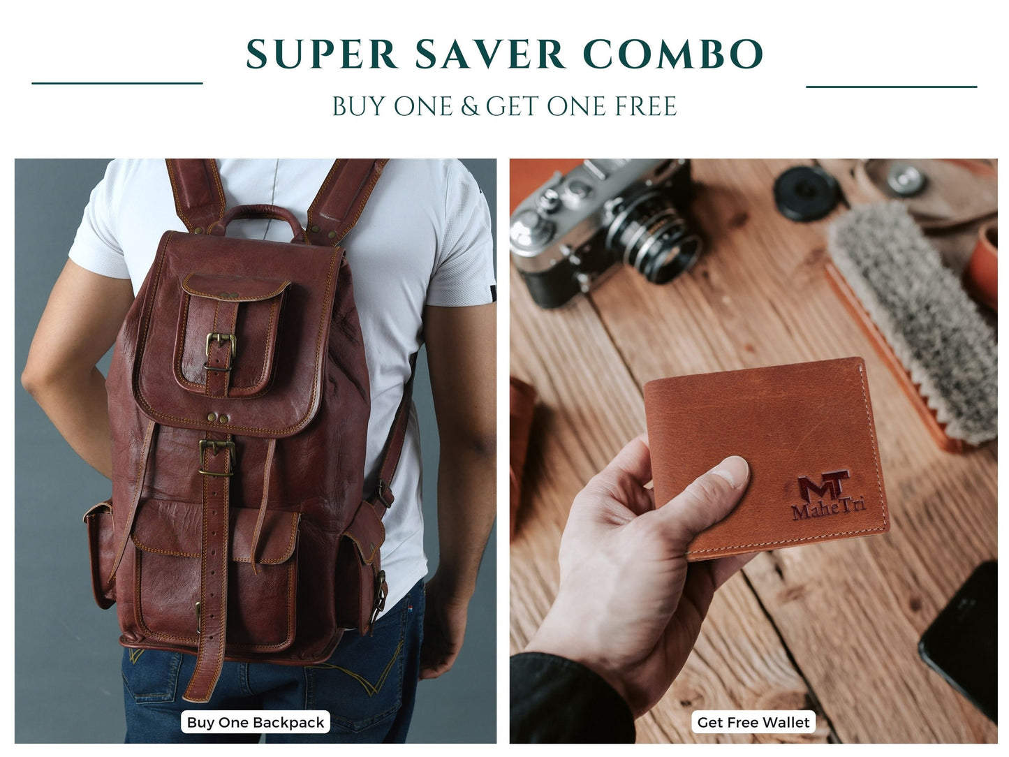 Genuine Leather Travel Hiking College Multipurpose Backpack + Free Leather Wallet | Super Saver Combo Deal | Buy One And Get One Free