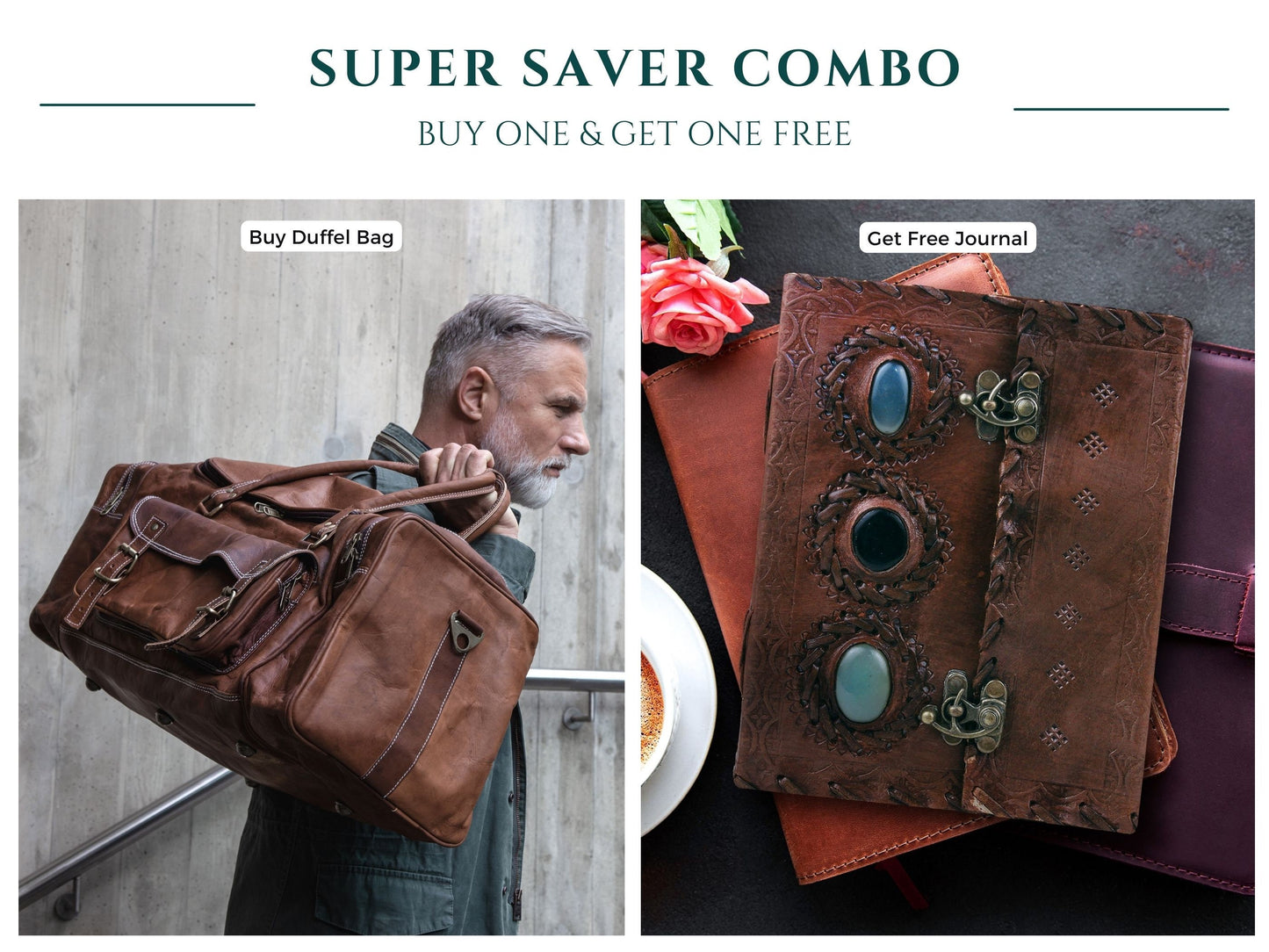 Full Grain Leather Overnight Weekender Travel Duffel Bag + Free Leather Journal | Super Saver Combo Deal | Buy One And Get One Free