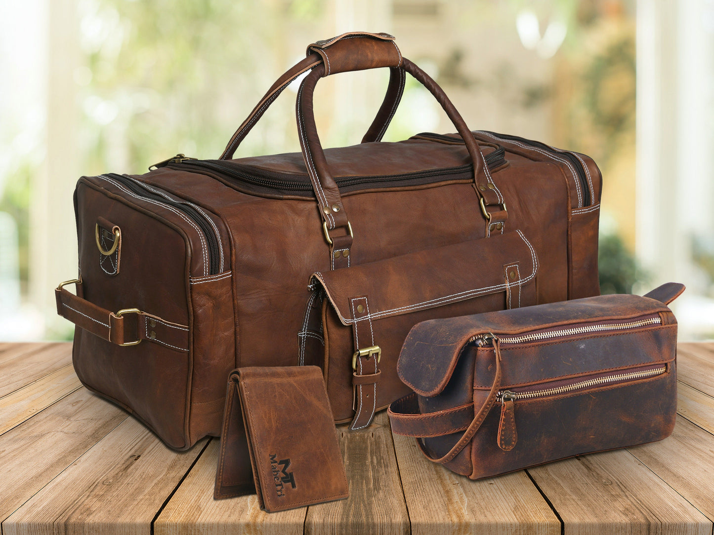 Handmade Full Grain Leather Overnight Weekender Travel Duffel Bag, leather Toiletry Bag & Wallet Super Saver Combo Deal, Travel gift for him