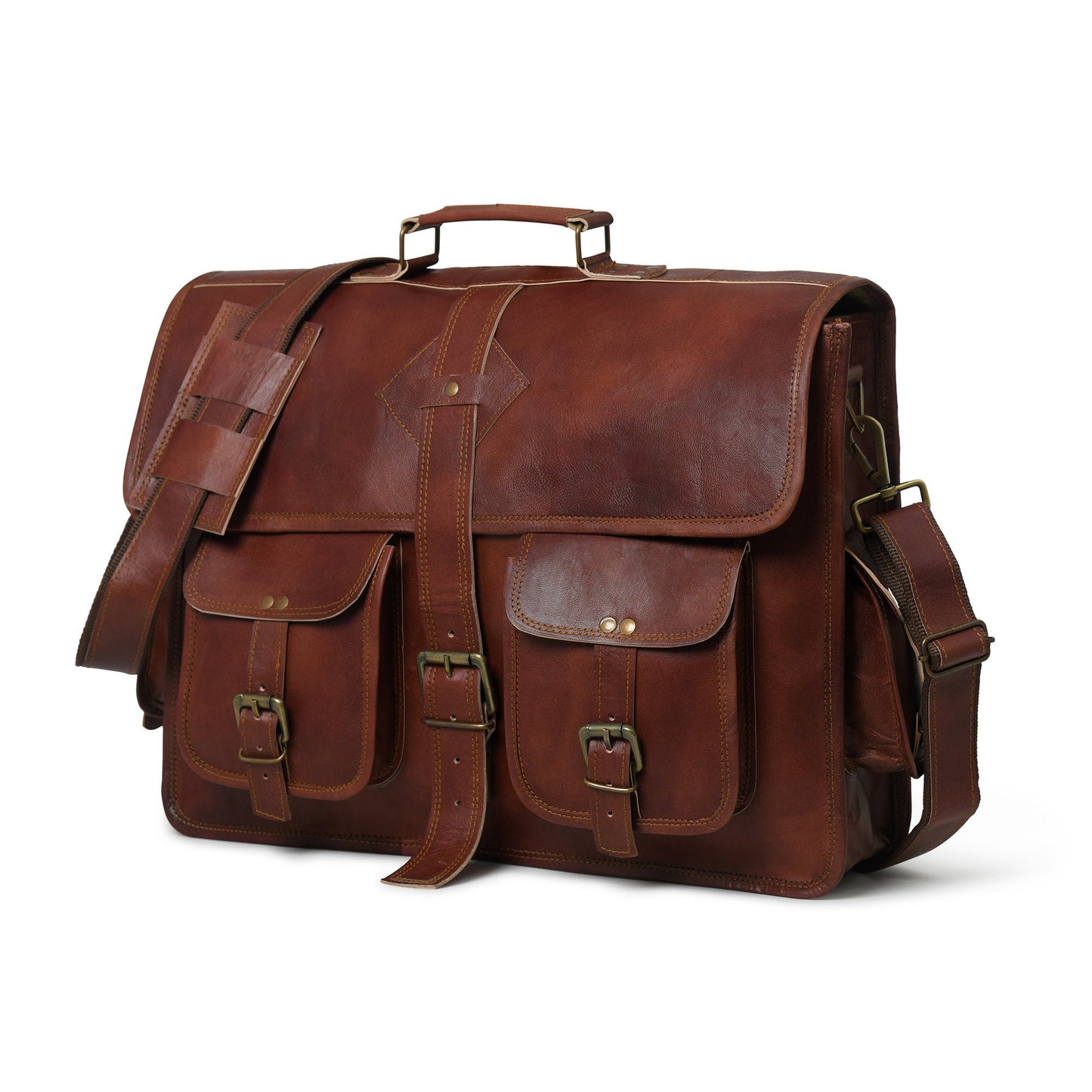 Free Leather Wallet | Handmade Full Grain Brown Leather Laptop Crossbody Messenger Office Briefcase | Christmas Gift For Him And Her