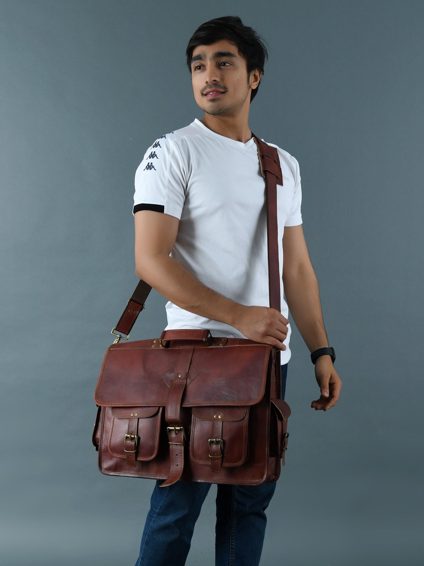 Free Leather Wallet | Handmade Full Grain Brown Leather Laptop Crossbody Messenger Office Briefcase | Christmas Gift For Him And Her