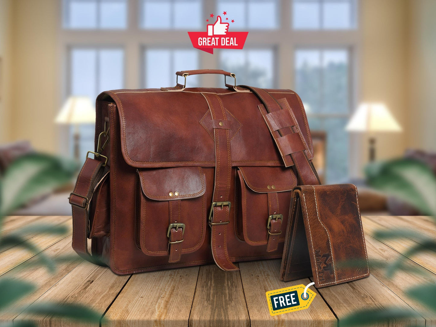 Free Leather Wallet | Handmade Full Grain Brown Leather Laptop Crossbody Messenger Office Briefcase | Christmas Gift For Him And Her