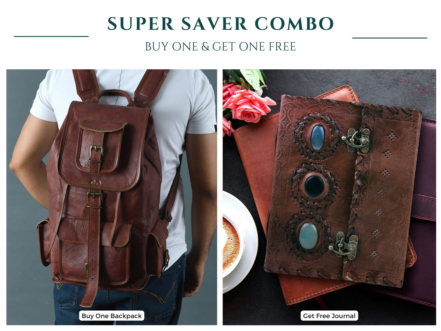 Genuine Leather Travel Hiking College Multipurpose Backpack + Free Leather Journal | Super Saver Combo Deal | Buy One And Get One Free