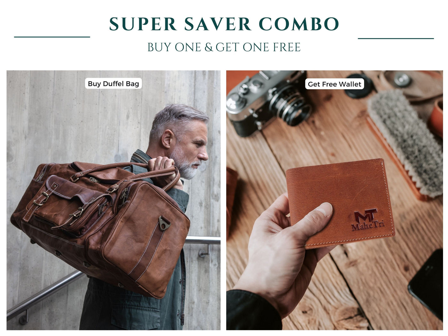 Full Grain Leather Overnight Weekender Travel Duffel Bag + Free Leather Wallet | Super Saver Combo Deal | Buy One And Get One Free Mens Gif