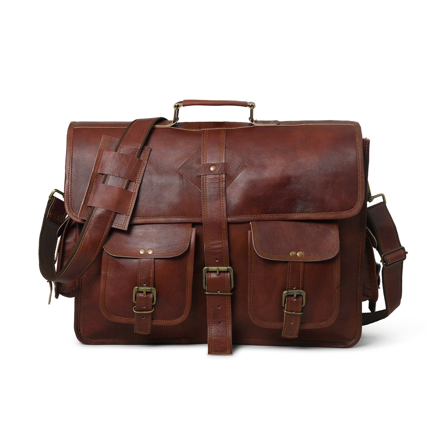 Free Leather Wallet | Handmade Full Grain Brown Leather Laptop Crossbody Messenger Office Briefcase | Christmas Gift For Him And Her