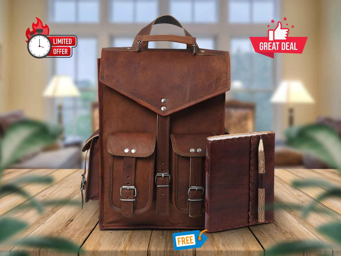 Free Journal With Pen,2 in 1 Convertible Leather Laptop Messenger Backpack,Vintage Brown Leather Laptop Backpack For Men & Women, Collegebag