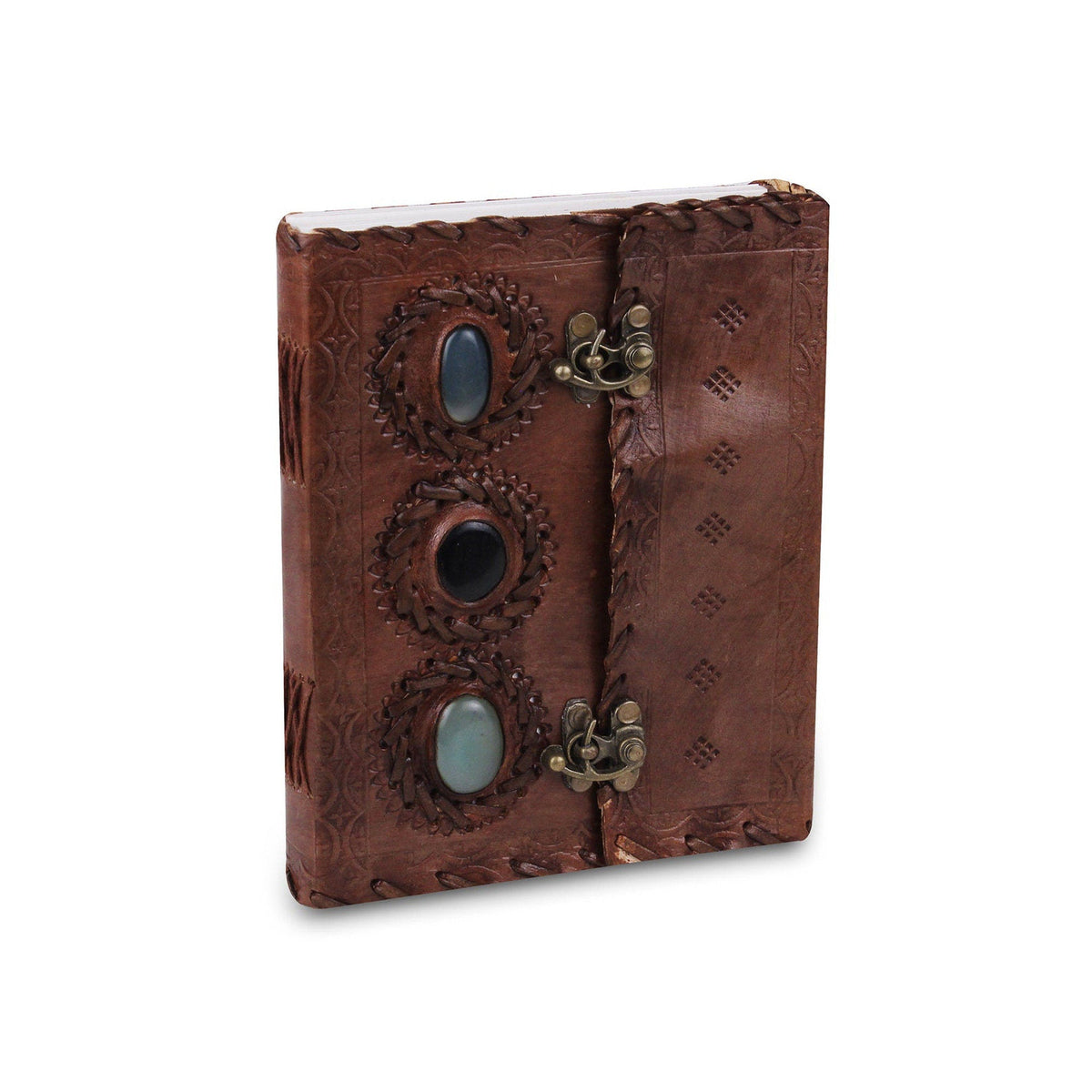 Brown embossed leather journal with three colored stones and two metal clasps.