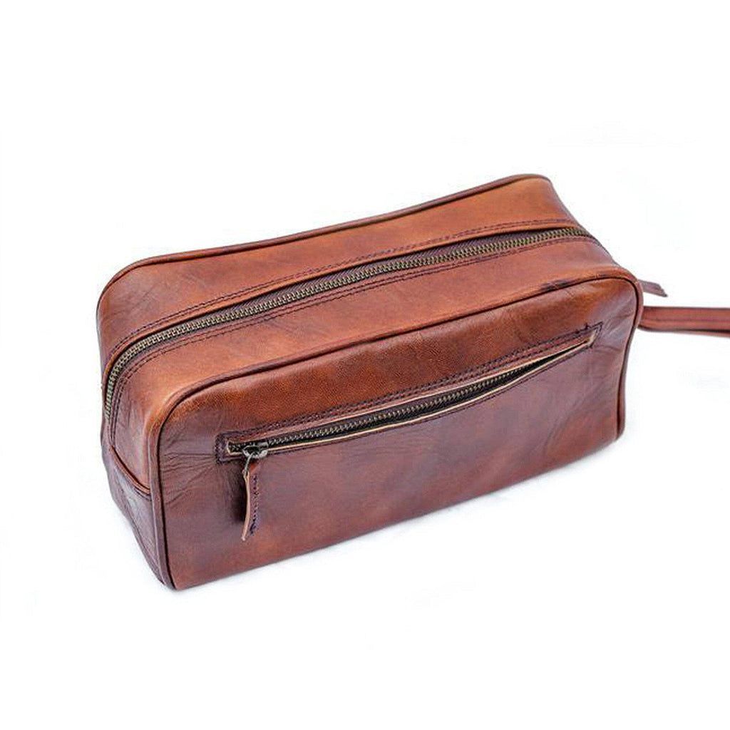 Brown Single-Zip Leather Wash Bag — view 1