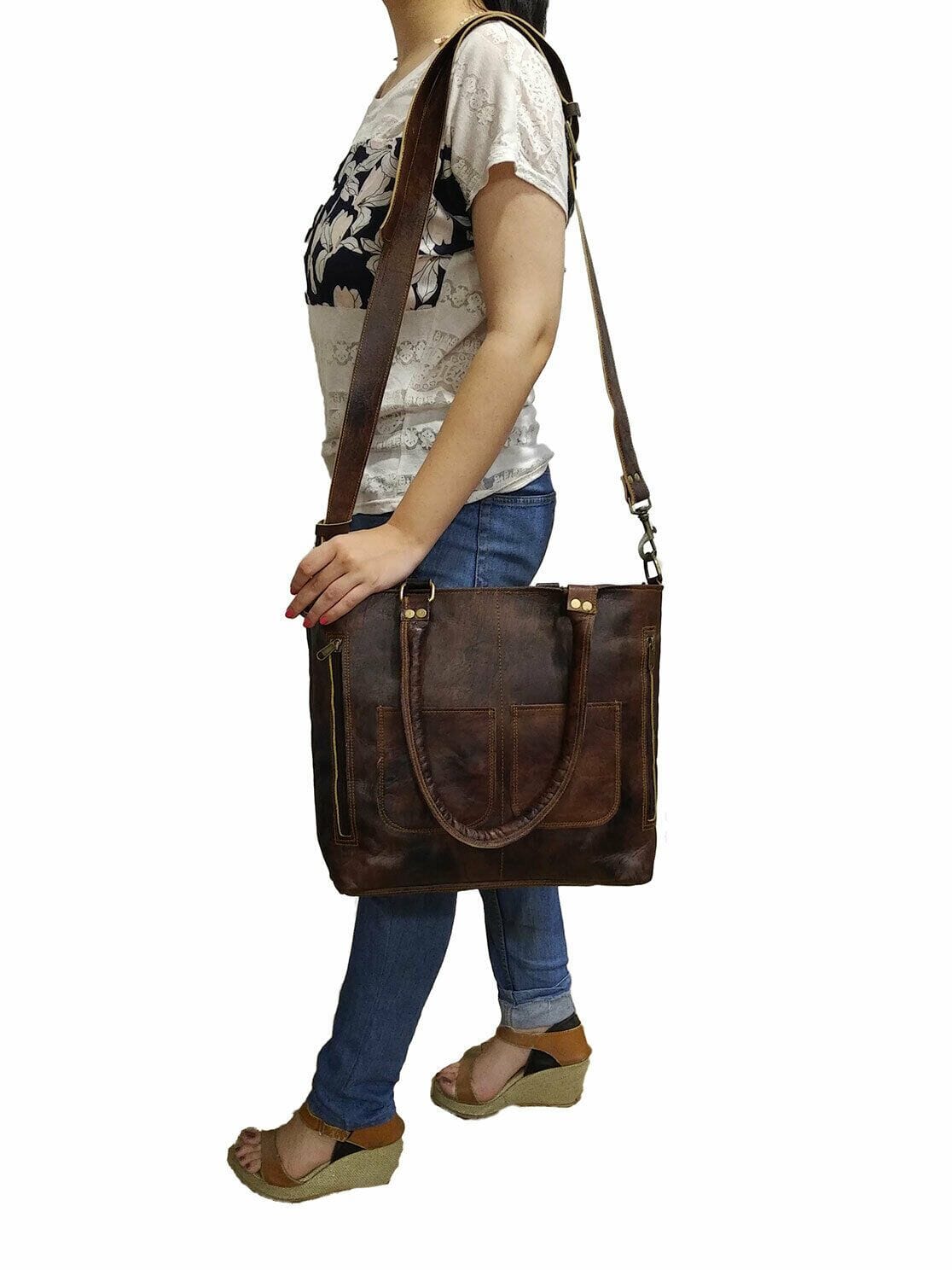 Chestnut Leather Pocket Tote