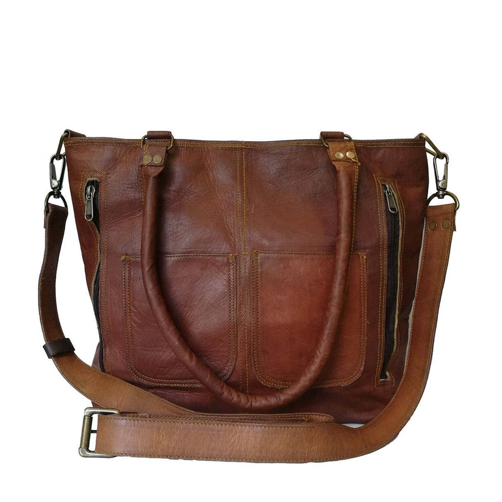 Tall Brown Leather Organizer Tote — view 1