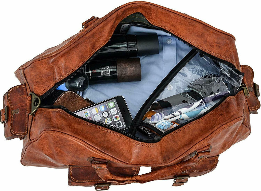 Full Grain Brown Leather Weekender Duffel Bag – Travel Gift