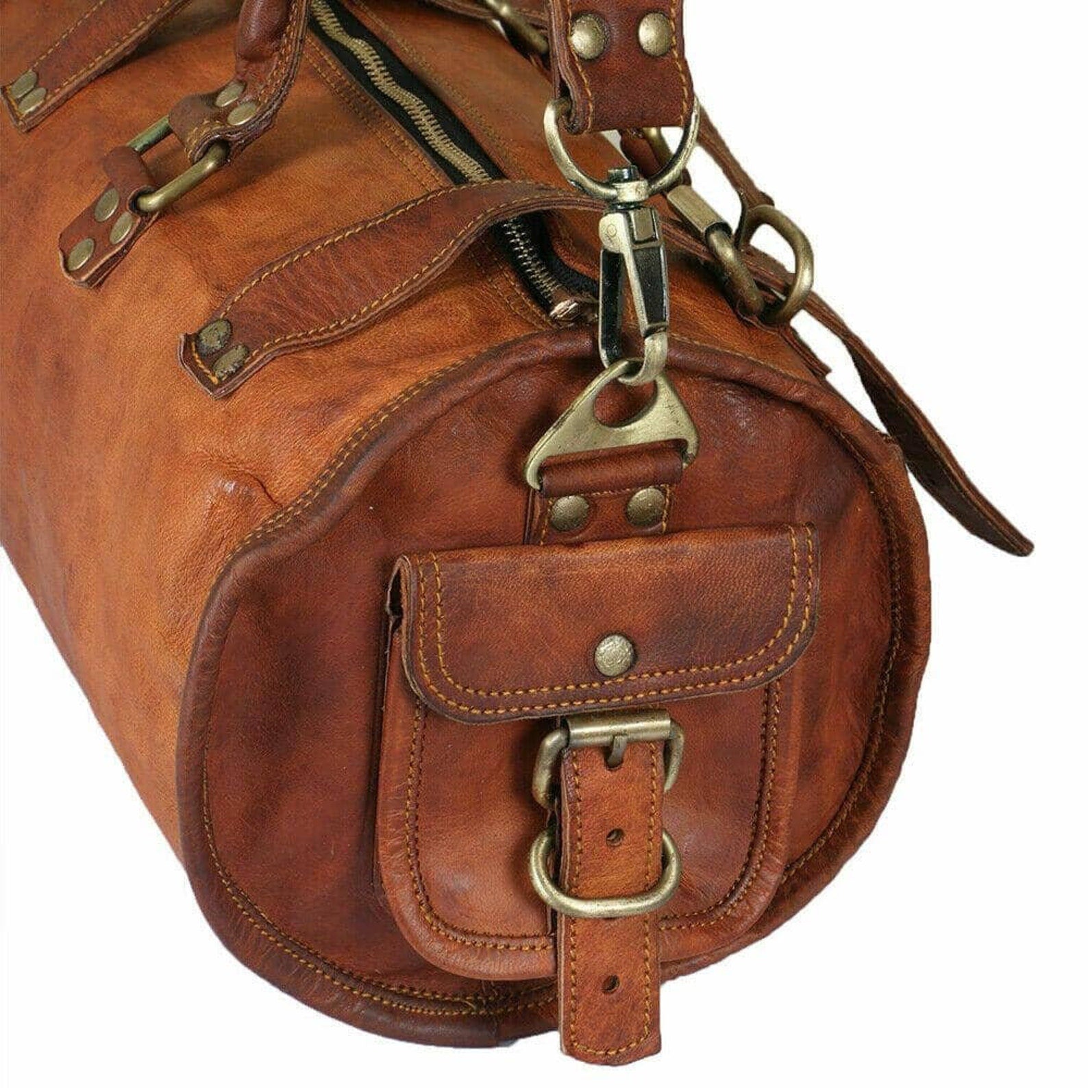 Round Vintage Leather Duffle Bag – Personalized Weekender for Men