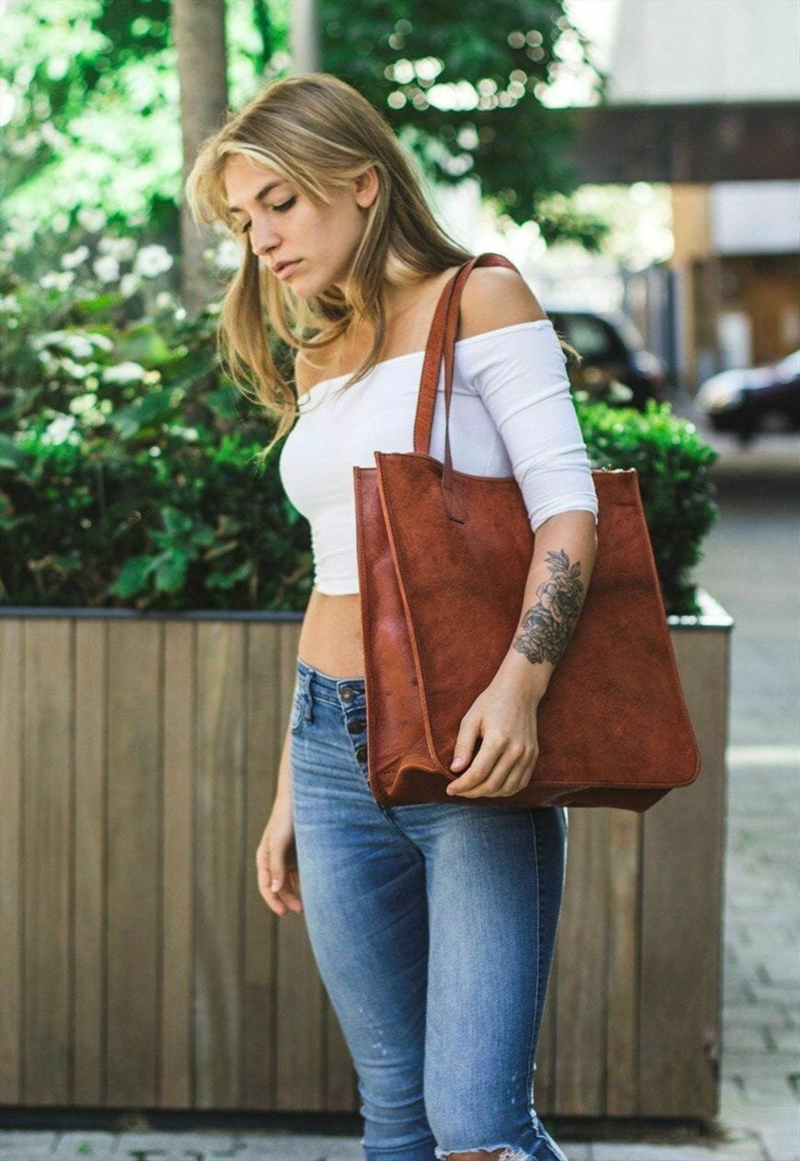 Women's Vintage Brown Leather Tote Bag – Handcrafted Shopper