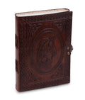 Brown journal with an embossed horse, decorative border and metal clasp, standing at an angle.