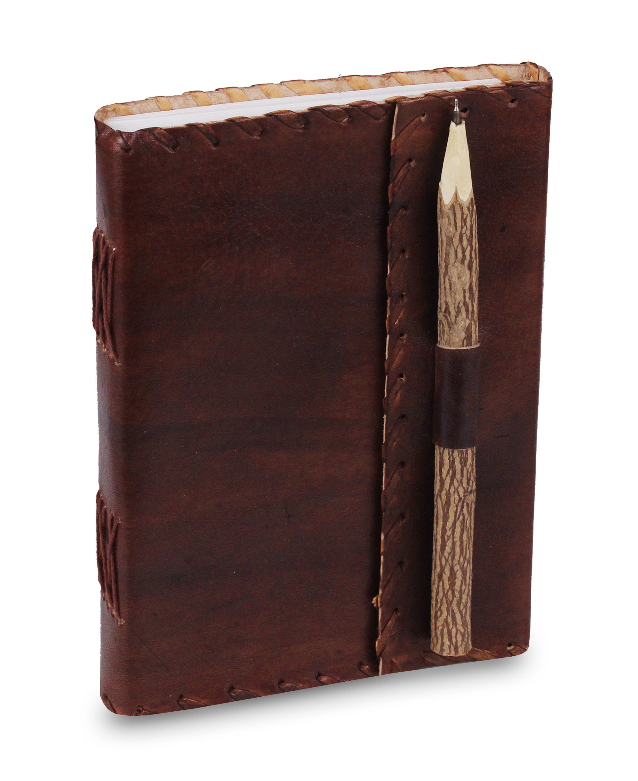 Personalized Vintage Leather Journal with Pen – Stitched Edges