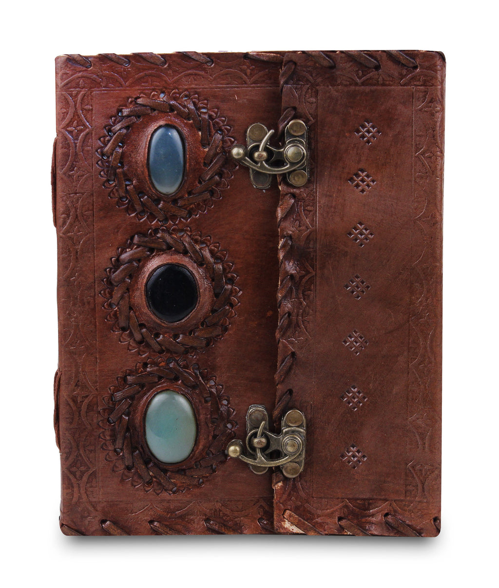 Large 3 Gem Stones Embossed Leather Journal – Coptic Bound, Lock
