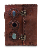 Large 3 Gem Stones Embossed Leather Journal – Coptic Bound, Lock