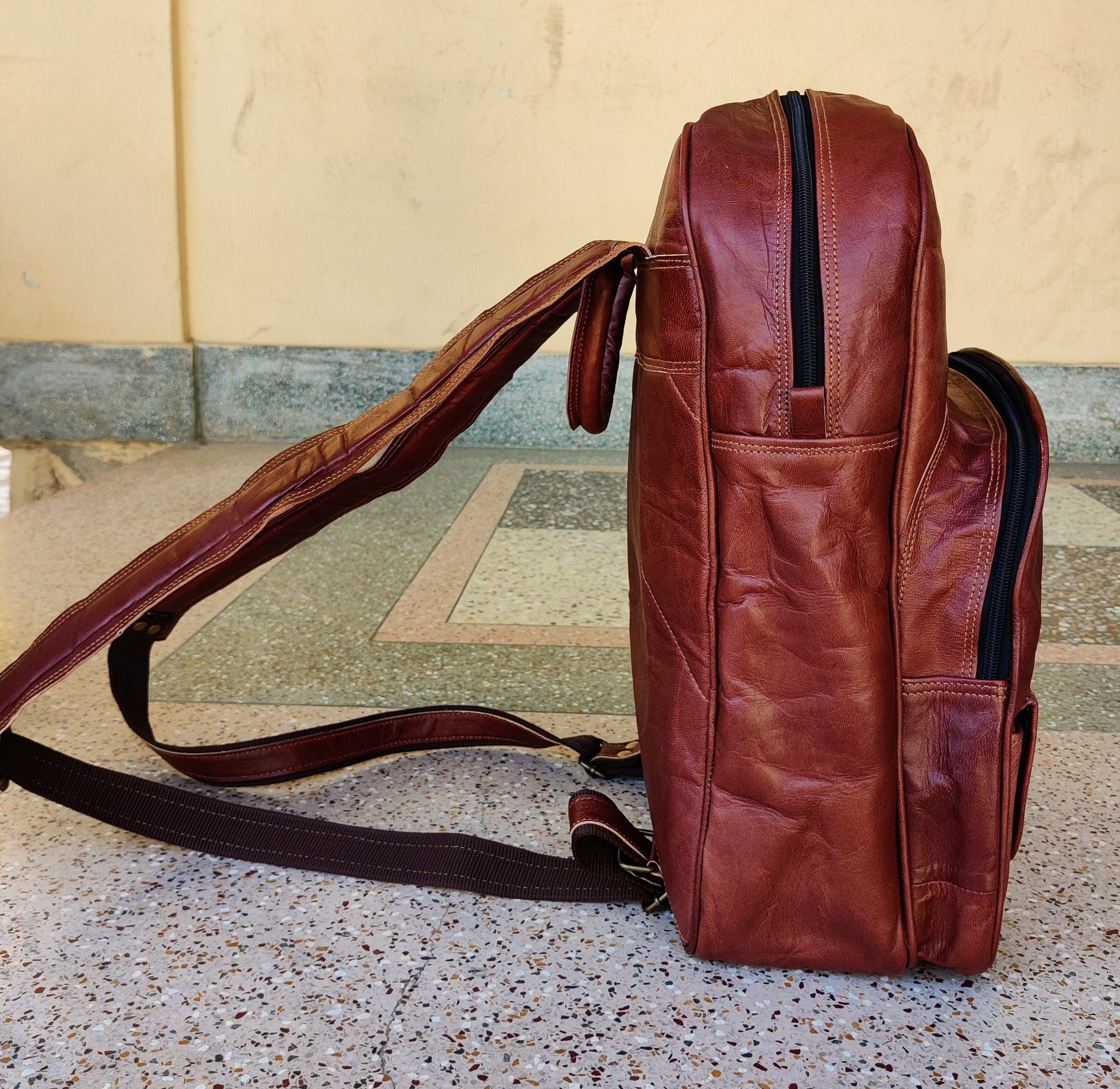 Personalized Vintage Leather Backpack – Laptop Rucksack for Men & Women