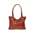 Brown tote bag with two long handles and a curved top edge, front view.