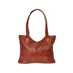 Brown tote bag with two long handles and a curved top edge, front view.
