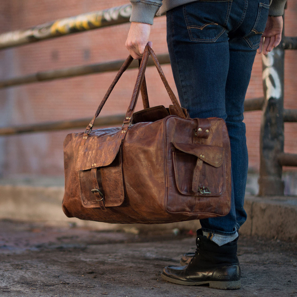 Men's Full Grain Leather Weekender Duffel Bag – Overnight Travel