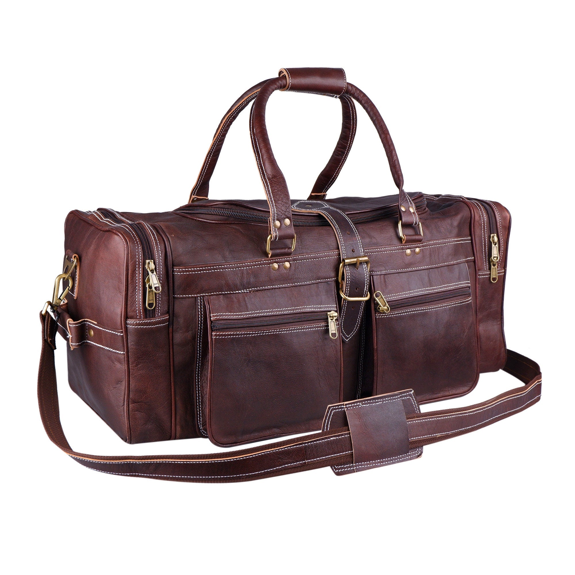Men's Vintage Brown Real Leather Weekender Overnight Duffel Bag